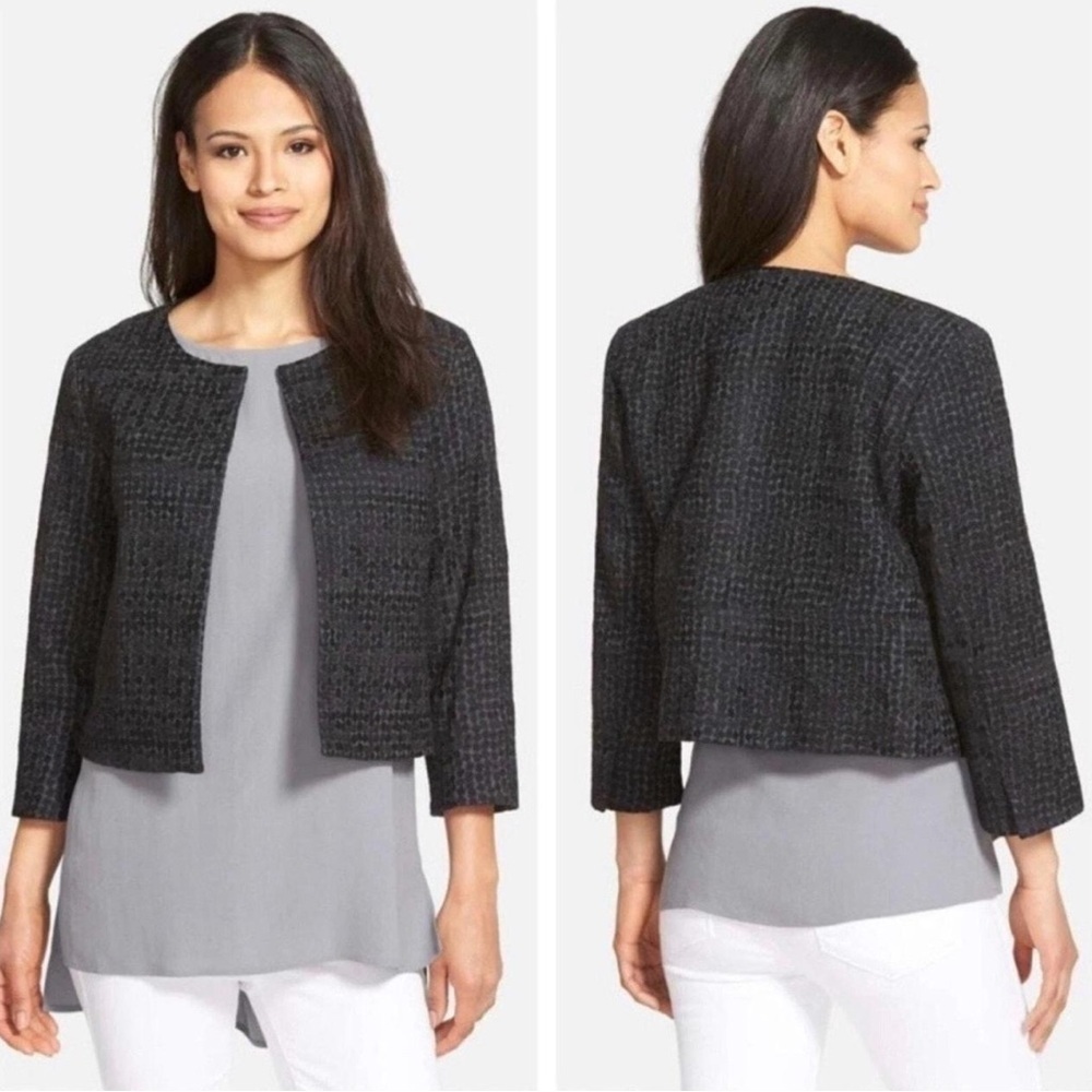 Eileen Fisher Black Embroidered Organic Cotton Squares Open Front Jacket Size M
